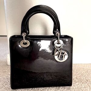 Christian Dior Lady Dior Black Patent Leather Medium Tote